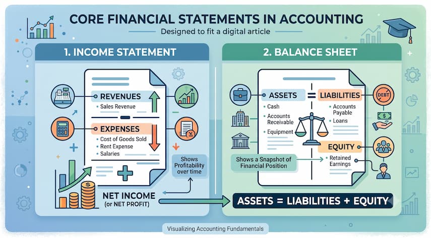 Accounting Courses Online Free: How to Learn Accounting as a Beginner 2 Diagram of basic financial statements taught in accounting courses