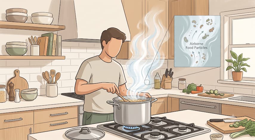 Airborne Allergy: What It Really Means and What Doesn't Count 3 Illustration of steam and particles released during food cooking