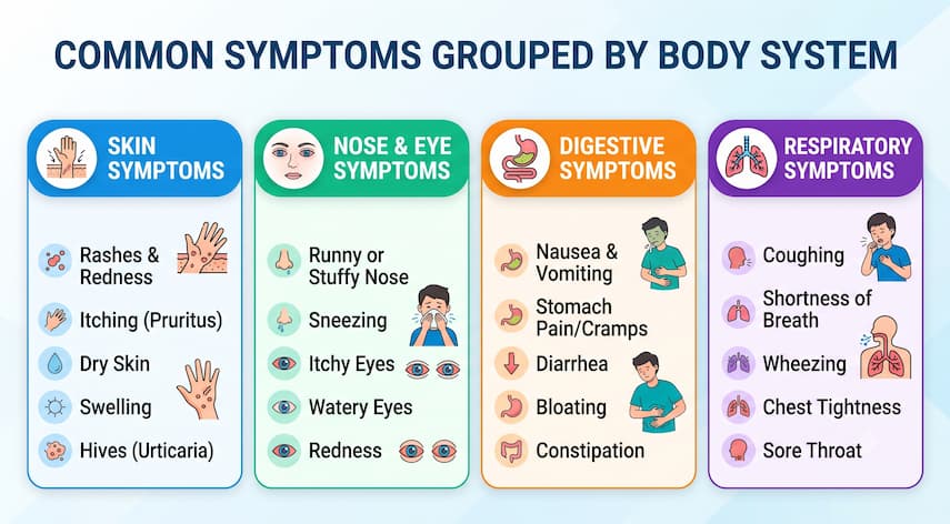 How Long Do Allergic Reactions Last? 2 Infographic of allergic reaction symptoms grouped by body system