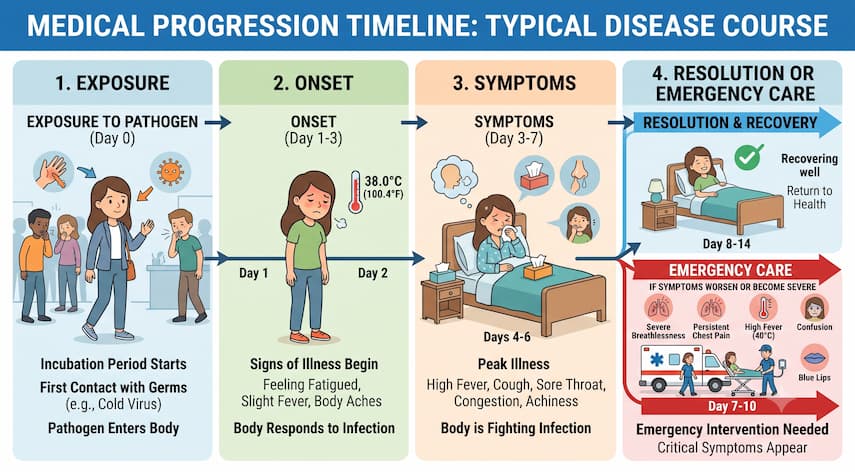 How Long Do Allergic Reactions Last? 1 Timeline showing stages of an allergic reaction from exposure to resolution