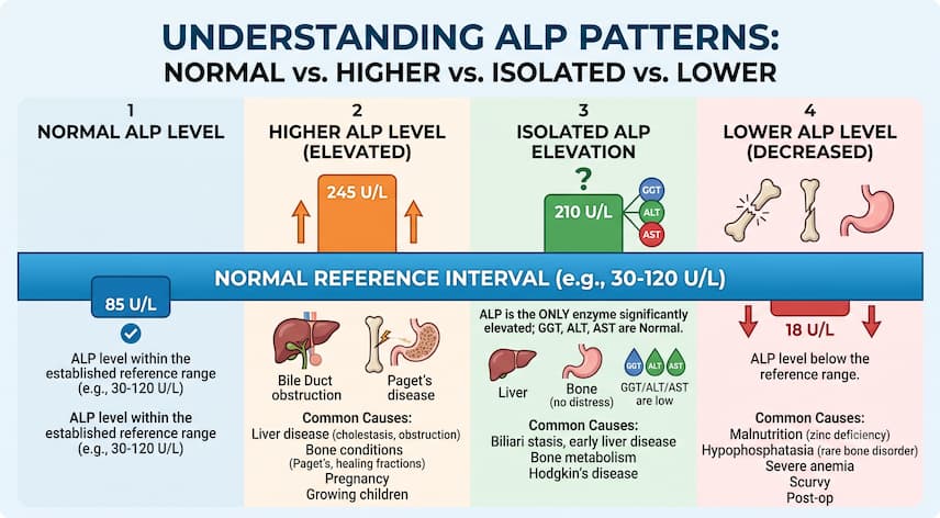 Serum Alkaline Phosphatase (ALP): What the Test Measures and What Results May Mean 2 Chart comparing high, low, and isolated alkaline phosphatase result patterns