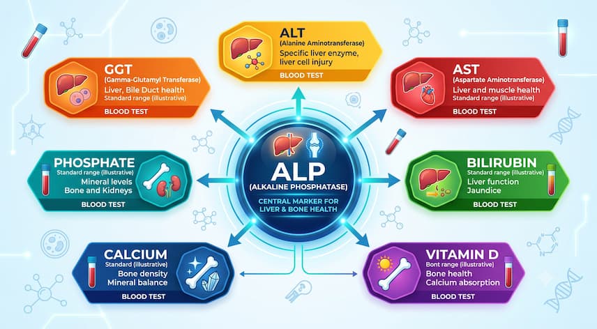 Serum Alkaline Phosphatase (ALP): What the Test Measures and What Results May Mean 3 Infographic of laboratory tests commonly reviewed alongside alkaline phosphatase