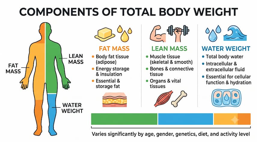 Does Lower Testosterone Cause Weight Gain? 2 Infographic comparing fat mass, lean mass, and water weight