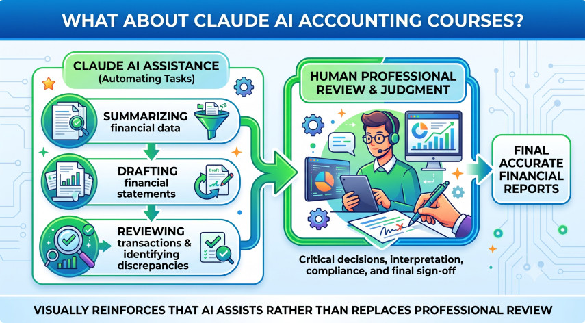 AI Accounting Courses: Online Options, Fees & Certificates 3 Diagram of Claude AI assisting accounting tasks with human review