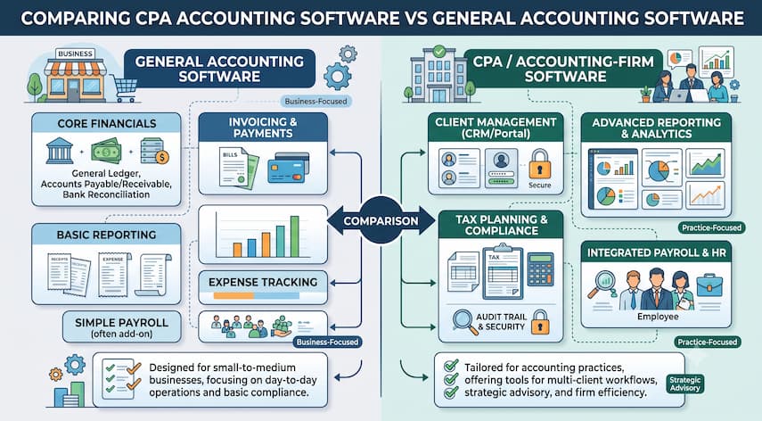 CPA Accounting Software: What CPA Firms Should Look For 1 Comparison chart of general accounting software versus CPA accounting firm software features