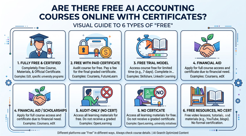 AI Accounting Courses: Online Options, Fees & Certificates 2 Comparison of free AI accounting course and certificate models