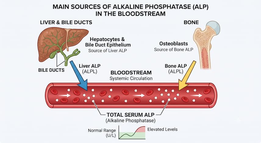 Serum Alkaline Phosphatase (ALP): What the Test Measures and What Results May Mean 1 Diagram showing liver, bile duct, and bone sources of serum alkaline phosphatase