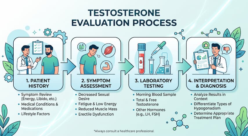 Does Lower Testosterone Cause Weight Gain? 4 Overview of the testosterone evaluation process including history and lab testing