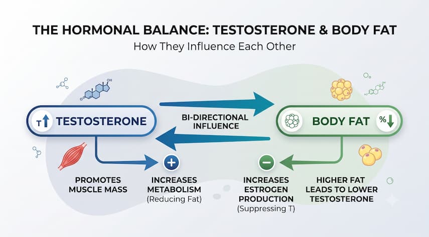 Does Lower Testosterone Cause Weight Gain? 1 Diagram showing the bidirectional relationship between testosterone and body fat